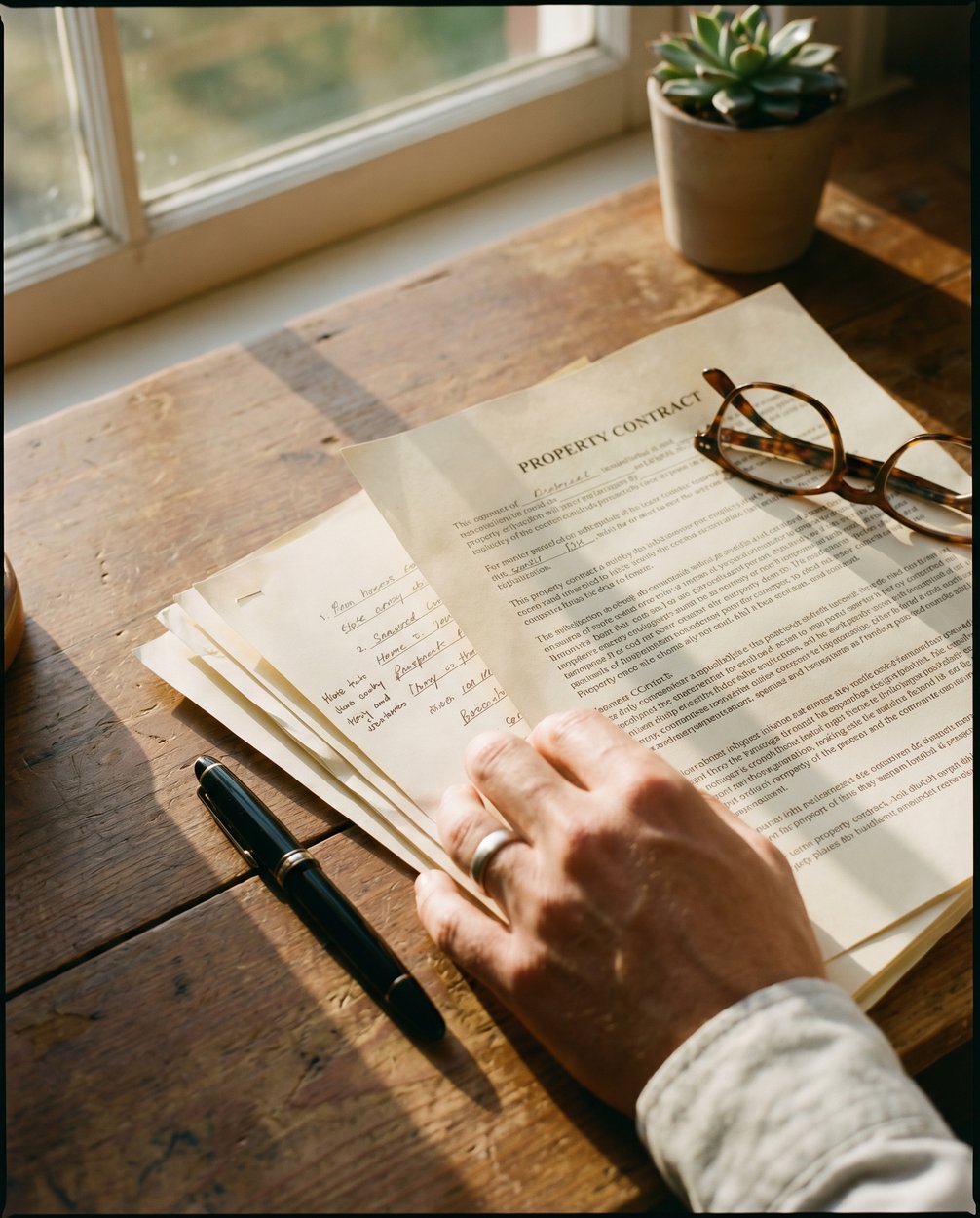 A hand carefully reviewing a property contract with margin notes, pen, and reading glasses on a wooden desk — representing meticulous contract review
