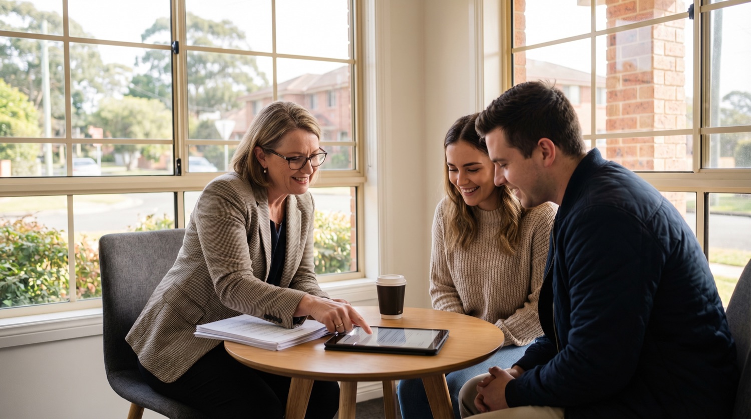 The principal of East-West Conveyancing meeting with a client at her Ingleburn office