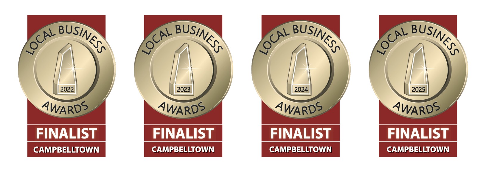 Four Campbelltown Local Business Awards Finalist badges — 2022, 2023, 2024 and 2025