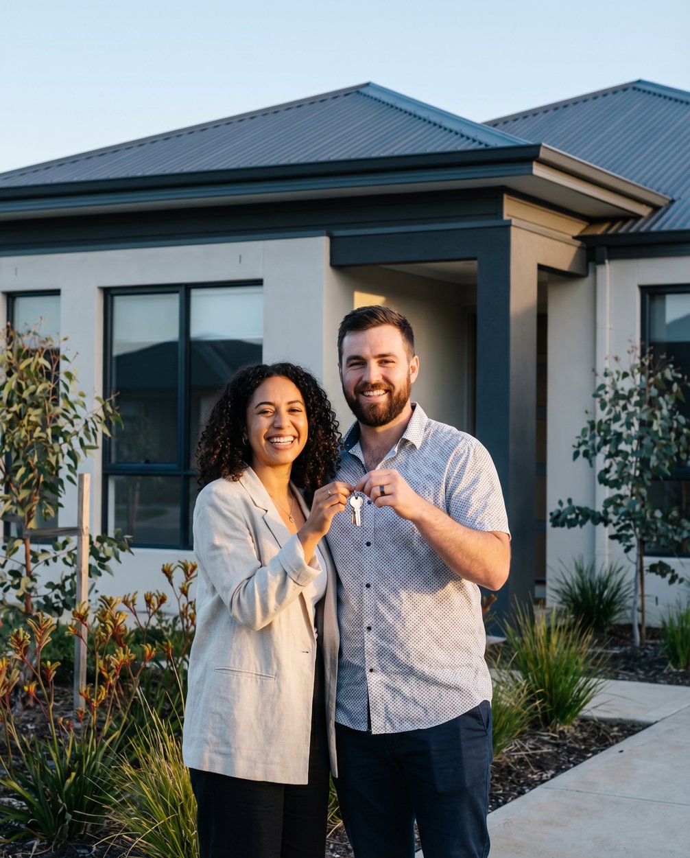 A young couple holding the keys to their new modern suburban home in South Western Sydney